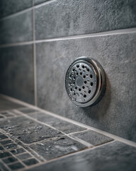 Vertical Leak Sensor Mounted on Bathroom Tile Floor for Water Safety and Prevention in Home Interiors