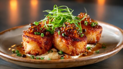 This elegant dish features perfectly seared scallops topped with caviar and delicate greens, offering a mouthwatering visual that highlights culinary artistry and gourmet dining culture.