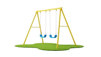 Isolated playground swings on patch of green grass for outdoor child play time recreation