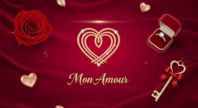 Elegant golden heart emblem with "Mon Amour" text, surrounded by romantic symbols like a rose and ring.