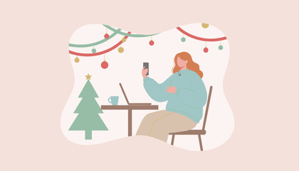 Festive work from home Woman making a video call by the Christmas tree