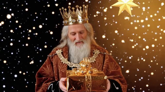 Retrato de un Rey Mago anciano con barba blanca, corona y t&uacute;nica roja, sosteniendo un regalo dorado bajo una estrella brillante en el desierto nocturno.