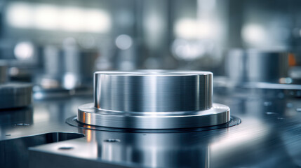 High precision metal component with polished circular surfaces on industrial manufacturing machinery for engineering and production applications