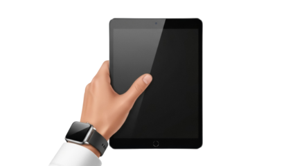 Isolated hand holding tablet in vertical position showing blank dark screen device mockup