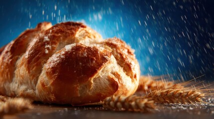 A beautifully crafted loaf of bread emerges as flour is gently sprinkled around it, symbolizing warmth and artistry in baking with an inviting, rustic appeal to the scene.