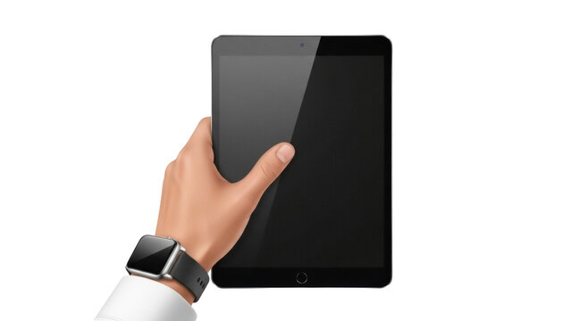 Isolated hand holding tablet in vertical position showing blank dark screen device mockup