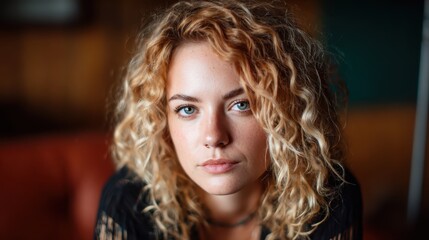 Fototapeta premium A captivating portrait capturing the essence of a young woman with stunning curly hair and expressive eyes, evoking her personality and allowing an emotional connection.