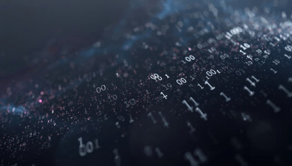 Binary code data stream, digital particles, dark technology, futuristic network, abstract