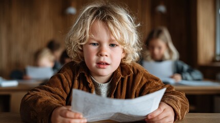 A serious young boy with curly blonde hair intently examines his test paper, reflecting concentration and the challenges of academic life in a classroom setting.