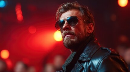 A rugged man wearing sunglasses and a leather jacket stands confidently in a vibrant nightlife setting, exuding coolness and allure amidst colorful lights and shadows.
