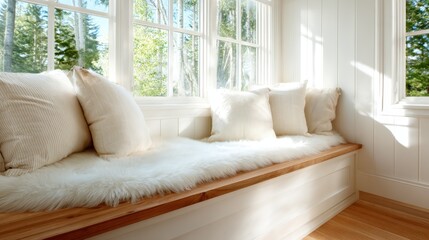 Fototapeta premium A beautifully designed window seat adorned with soft pillows, offering a perfect cozy nook for relaxation and enjoying views of the outdoors.
