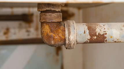 A corroded metal plumbing elbow joint with flaking white paint displays wear in a close-up. The pipe shows rust and decay, evidence of time's passage on infrastructure.