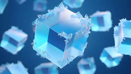 Futuristic glowing cubes with ice crystal formations floating against a deep blue background