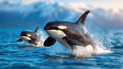 A dynamic scene of two orca whales breaching the surface of the ocean, showcasing their grace and power in a stunning marine environment filled with life.