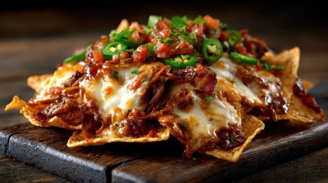 Experience the mouthwatering sight of loaded nachos topped with melted cheese, tender meat, fresh pico de gallo, and vibrant green onions, perfect for any gathering.