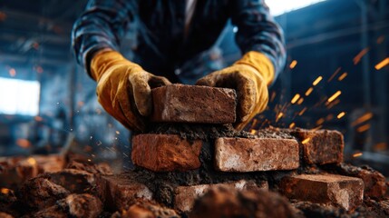 A focused construction worker meticulously placing bricks, demonstrating skillful craftsmanship while igniting a sense of hard work and determination in every movement.