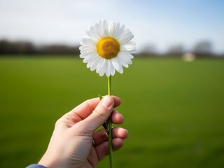 Hand Holding Daisy Against Serene Green Field, Symbolizing Fresh Beginnings