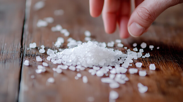 A heap of glistening crystalline sea salt sits on a wooden table, waiting to be sprinkled. A hand delicately reaches out to taste the freshly harvested salt.