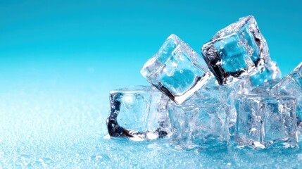 Vibrant ice cubes glisten against a bright blue background, showcasing their clarity and texture, perfect for visual aesthetics and cooling beverages.