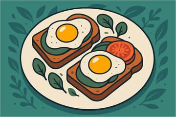 vibrant, stylized illustration of two pieces of avocado toast topped with a fried egg and tomato slices, presented on a plate with decorative leaves