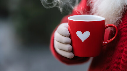 Steaming cup of holiday cheer. Santa holding a heart-adorned mug, offering warmth and love this season. A festive treat to brighten your day! Cozy vibes all around.