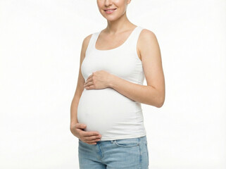 pregnant woman standing in gentle front angled view with hands on belly isolated on white background for prenatal care and motherhood concept design