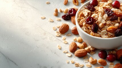 A vibrant bowl of granola mixed with nuts and dried fruits, appealing to health enthusiasts with a wholesome, nutritious breakfast choice ready to energize the day.