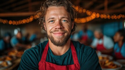 Fototapeta premium A cheerful chef is captured in a bustling kitchen, exuding passion and warmth, surrounded by a vibrant atmosphere filled with people enjoying homemade dishes.