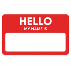 a bright red name tag with the word hello prominently displayed and a blank space for personal identification high quality professional © Mun taha Design