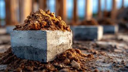 An up-close view of a construction site highlighting soil and concrete foundation blocks, representing the groundwork of a building and the essence of development.