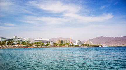 Fototapeta premium resort district waterfront sea coast line landscape summer vacation season destination site south Europe region city scape panorama wide angle view