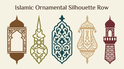 Vector Vertical Islamic Motif Silhouette Set &ndash; Ornamental Line Art Designs for Sacred Architecture, Textile, and Cultural Branding Themes