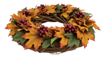 Isolated autumn berry wreath, festive arrangement in a rustic, natural style, fall decor