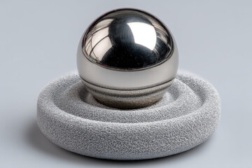 Shiny metallic sphere on soft gel pad showing concentric pressure rings and indentation