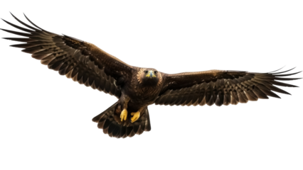 Isolated, majestic golden eagle in flight with wings spread, predatory bird, raptor, freedom