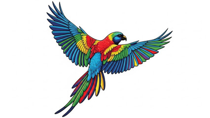 Obraz premium Vibrant parrot in mid-flight against a white background with colorful plumage on display