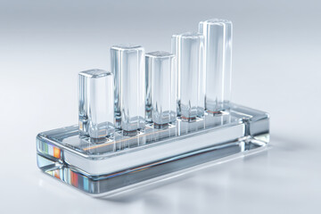 Transparent resin bar chart on thin glass panel, real-time analytics dashboard concept