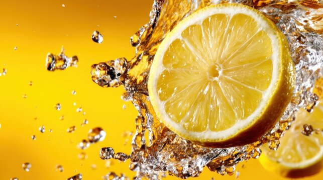 A striking image capturing a lemon burst surrounded by water droplets, emphasizing the refreshing qualities of citrus against a lively yellow backdrop.