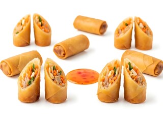 Spring Rolls with Dipping Sauce on White Background
