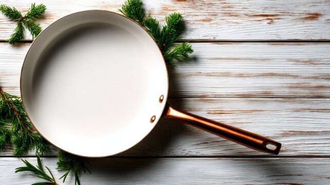 This elegant frying pan, featuring a copper bottom, sits on a rustic wooden table adorned with evergreen foliage, symbolizing culinary art and modern kitchen aesthetics. - Powered by Adobe