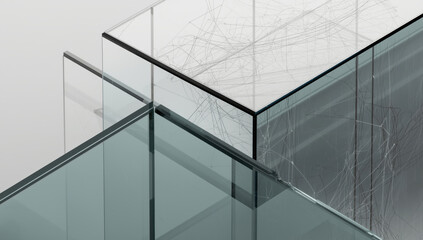 Layered glass panels intersecting minimalist architectural composition with reflective surfaces