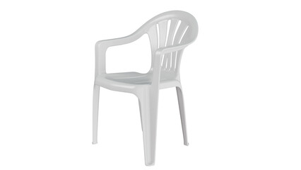 Modern white plastic chair with armrests on black background