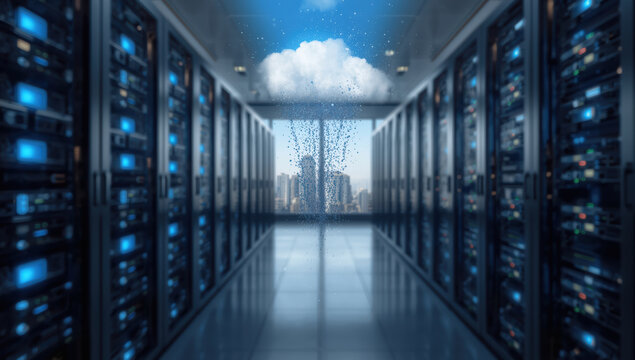 Cloud storage concept in data center with raining binary digits and skyline view - Powered by Adobe