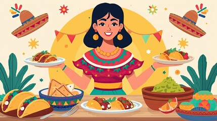 Illustration of a woman preparing national Spanish food.