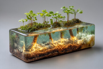Miniature floating wetland model demonstrating water filtration and ecological purification system