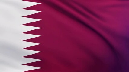 Ultra-realistic full-screen view of the Qatari National Flag (28:11 ratio) slowly swaying on a flagpole, cinematic 4K render.