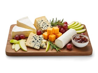 Assortment of artisanal cheeses with fruit on a wooden board