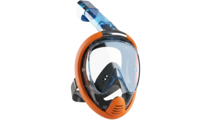 Isolated snorkeling mask with built-in snorkel in orange and black colors against neutral background