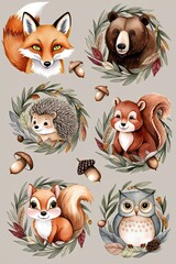 Naklejka premium Watercolor image of forest animals, mushrooms and leaves.