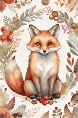 Watercolor image of forest animals, mushrooms and leaves.